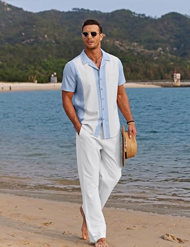 Image of COOFANDY Men 2 Piece Linen Outfit Beach Button Down Shirt Casual Loose Pant Sets