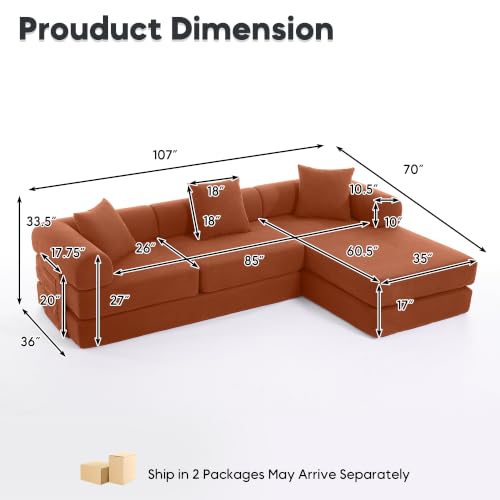 Image of 107 inch Modular Sectional Sofa Bed, L-Shape Corduroy Boneless Couch, Orange