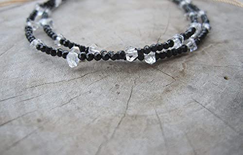 Herkimer Diamond Quartz, Black Spinel Double Strand Bracelet Natural Healing Power Gemstone Crystal Beads Unisex Adjustable Beaded Bracelets 7.5 inches4