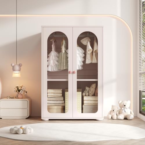 Merax Armario para habitación infantil – Armario compacto con puertas acrílicas, tiradores de cerámica y estantes ajustables en altura – Rosa bebé, 80 × 50 × 120 cm, ideal para ropa infantil