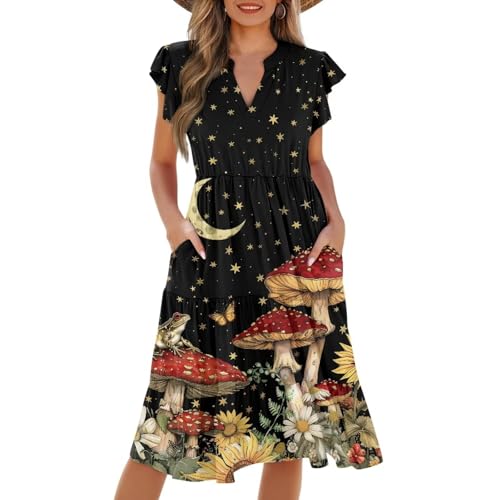 Image of Women's Casual Ruffle Sleeve Dress V Neck Pullover Dress Flowy A-Line Pleated Lightweight Dress with Pockets