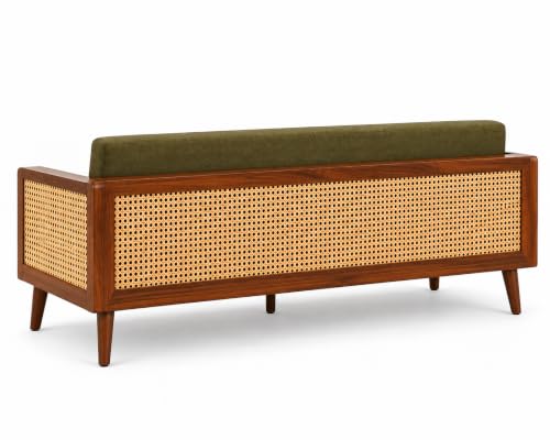 Image of Sainistree Sheesham Wood 3+2 Seater Sofa | Solid Wood Cane & Rattan Sofa for Living Room | Mid-Century Modern Accent Sofa | Green Upholstery, Teak Brown Finish (3+2 Seater)