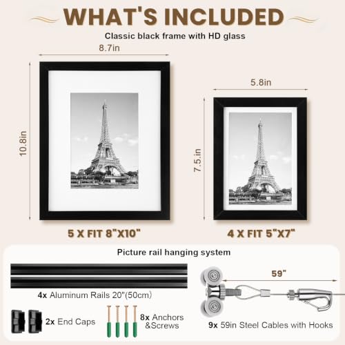 Image of Lineshading Gallery Wall Frame Set of 9,Hanging Photos Display Bulk, Black | Adjustable Picture Rail Hanging System, Wall Decoration with Mat,holds 8x10 and 4x6 sizes, mounting hardware included