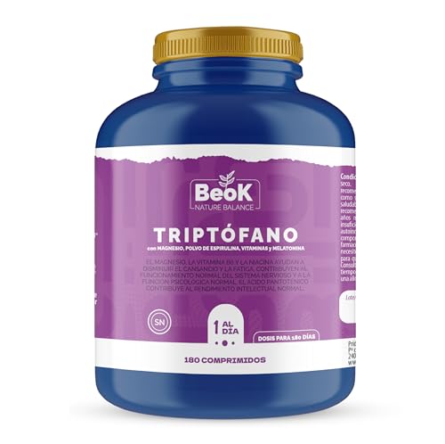 BEOK – Triptófano 180 comprimidos – Con Magnesio, Melatonina y Vitaminas B6, B5, B3 – Suplemento para el sueño y bienestar emocional