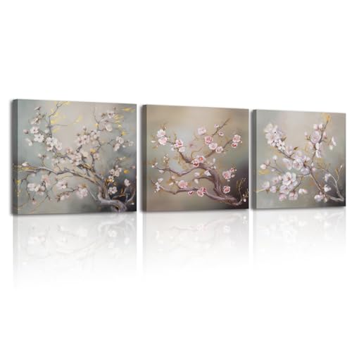 Piy Painting Peinture sur Toile fleur de pêcher, Impression sur Toile Fleurs roses, Décoration Murale Tableau pour Salle à manger Chambre Maison, lot de 3,...