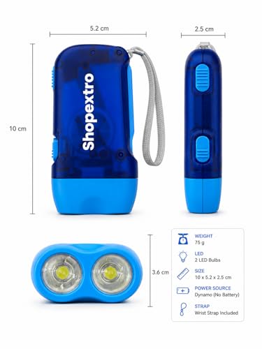 Image of Hand Crank Flashlight with Dual LED, Portable Dynamo Emergency Torch, Book Light for Kids with Wrist Strap for Reading, Camping, Travel, Study & Power Cuts, Blue (Pack of 2)
