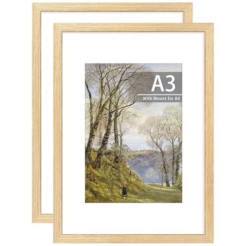 Tinkeps 2 Pack A3 Oak Picture Frame 100% Solid Wood and Plexiglass A3 Frame with Mount for A4 Prints Photos and Posters Wall Mountable