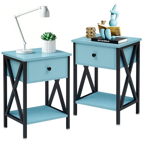 Image of VECELO Nightstands, Modern Bedside End Tables Set of 2, Night Stand with Drawer and Storage Shelf for Living Room Bedroom, Industrial Metal Frame