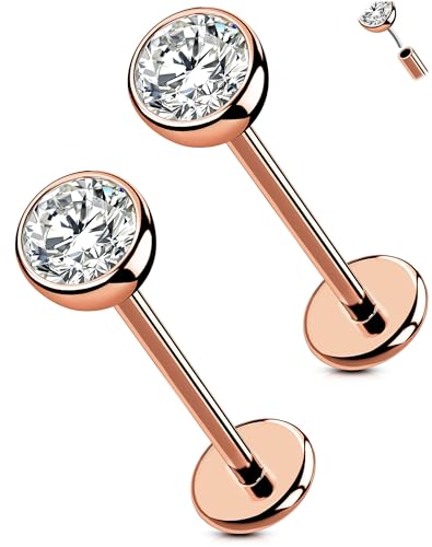 OUFER 2PCS Rose Gold Titanium Flat Back Threadless Stud Earrings, 16G/18G/20G Push Pin Piercing Jewelry – Multiple Post Lengths (5mm–12mm) & CZ Sizes (1.5mm–4mm) for Lobe, Helix, Tragus, Conch, Nose