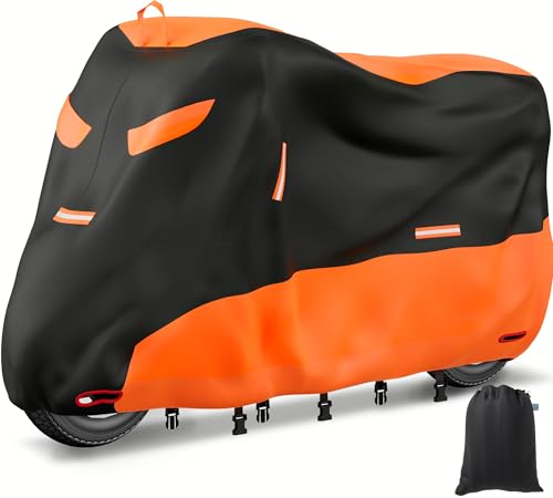 OFF WE GO Motorcycle Cover Universal All Season Weather Durable Waterproof Outdoor Protection with 5 Reflective Strips and Lock-Holes & Storage Bag Oxford Motorcycles Vehicle Cover, XL