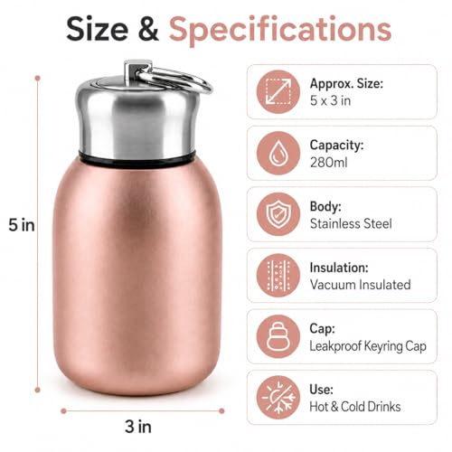 Image of Mini Stainless Steel Vacuum Insulated Water Bottle, 280ml, Black, Leakproof, Hot and Cold, with Keyring Cap (Gold)