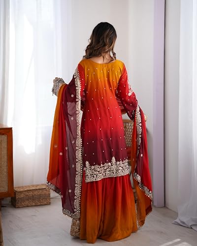 Image of Pandadi Saree Women's Chinon Silk Embroidery Kurta Sharara Set With Dupatta.