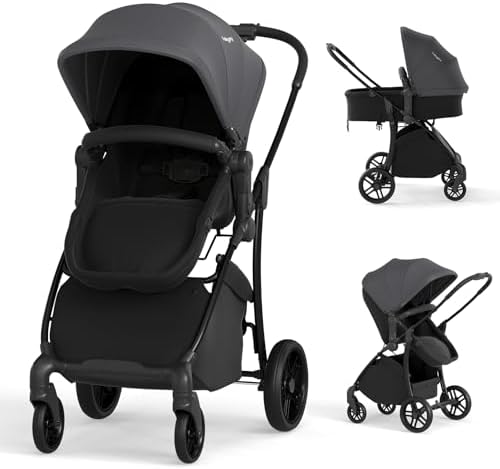BABY JOY 2 in 1 Baby Stroller, High Landscape Convertible Bassinet Stroller with Reversible Seat, Adjustable Backrest & Canopy, Foldable Pushchair Pram Stroller for Newborn Toddler 0-36 Months (Gray)