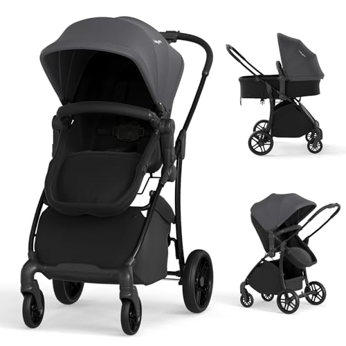 BABY JOY 2 in 1 Baby Stroller, High Landscape Convertible Bassinet Stroller with Reversible Seat, Adjustable Backrest & Canopy, Foldable Pushchair Pram Stroller for Newborn Toddler 0-36 Months (Gray)