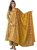 Women's Floral Printed Anarkali Kurta Set with Dupatta, Yellow, Long Sleeve, Cotton Blend, Indian Ethnic Wear...