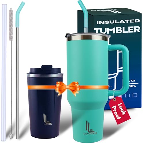 Leczonio 1200ML Tumbler with lid and Straw | Water Sipper for Adults Insulated Cup Reusable Stainless Steel Water Bottle Travel Mug Cupholder Friendly | Gifts for Women Men Him (Mint Green, 1200 ML)