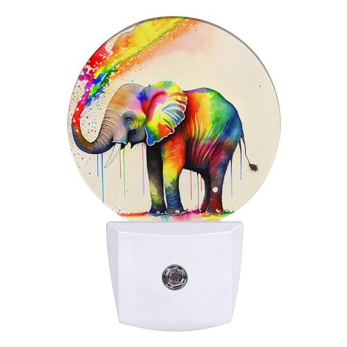 Image of Colorful Elephant Night Light LED Lamp Round Plug into Wall Nightlight with Dusk to Dawn Sensor Home Hallway Stairway Kitchen Decor