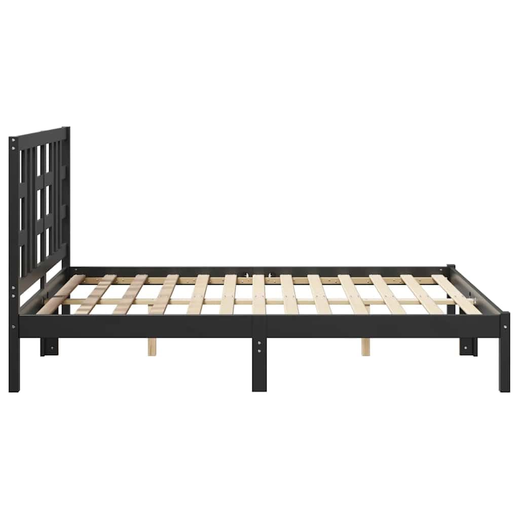Lite drewno sosnowe Klasyczna rama z listwami Czarny 140x190 cm | Rama łóżka czarna lite drewno sosnowe 140x190 cm z zagłówkiem do sypialni