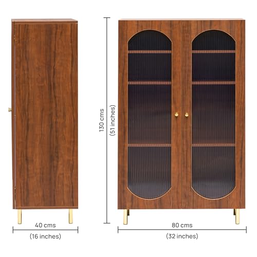 Image of Rocco Stellar Bookshelf with Auto LED Lights & Acrylic Fluted Doors | Engineered Wood Bookcase | Adjustable Shelves, Scratch-Resistant | Living Room, Library & Office (Teak Brown, Tall Size)