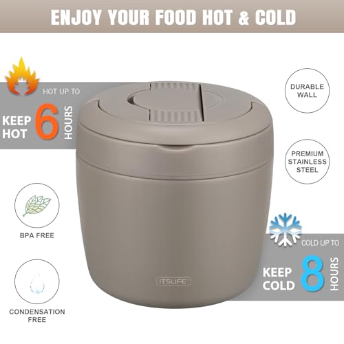 Image of Itslife 32oz Insulated Soup Thermo, Vacuum Stainless Steel Food Jar for Hot & Cold Food, Leakproof Wide Mouth Lunch Container with Spoon, Khaki