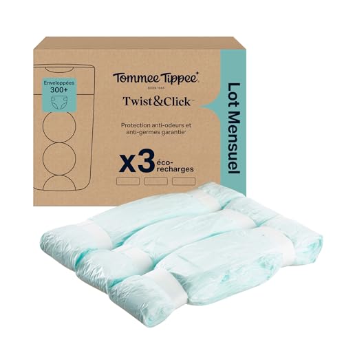 Tommee Tippee Film de Recharge Poubelle à couches Twist & Click, Lot de 3, Longueur 10,5m chacun, Film multicouches antibactérien*, Se glisse dans la...