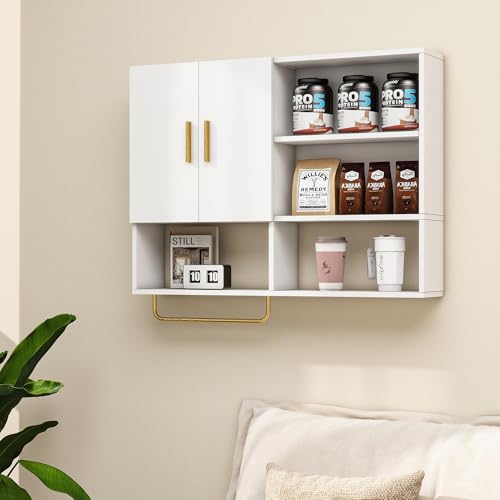 Tltaroni Bathroom Wall Cabinet Wood Large Wall Mounted Medicine Cabinet with 2 Doors and 4 Open Shelves Over Toilet Storage Cabinet Organizer with Towel Bar,White