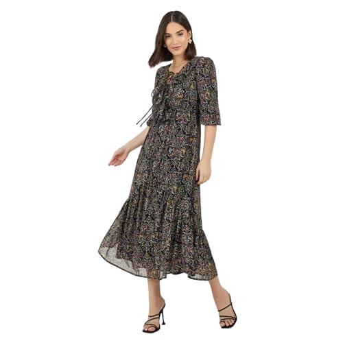 Image of Styli Women Printed Ruffle Neck Puff | Sleeves A-Line Maxi Dress | Stylish One Piece Dress for Party, Casual & Evening Outfits