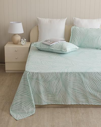 Image of HOMEMONDE Single Size Bedsheet | Cotton Flat Sheet with One Pillow Cover | 186 TC |Feather Design| All-Season Soft Bedsheet for Single Bed (60 x 90 Inch /152 x 229 cm, Mint Green Feather)