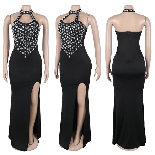 Image of Jigfar Women Sexy Elegant Rhinestone Mesh See Through Party Club Night Split Bodycon Formal Maxi Dress