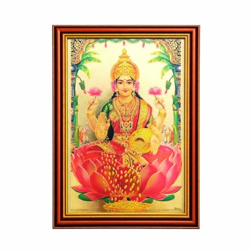 Image of Paramporul Gallery Lakshmi in Pink Saree Gold Foil Photo Frame for Pooja Room, Hindu God Wall Decor, Ready to Hang, 10x14 Inch