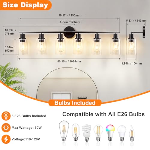 Image of DLLT 6-Light Bathroom Light Fixtures: Black Modern Vanity Lights with E26 Bulbs - Clear Glass Shade Bathroom Wall Lamp for Mirror Kitchen Living Room Hallway Cabinet Porch