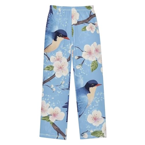 Birds Plum Flowers Boys Long Pants Soft Trousers Elastic Waist Kids Lounge Bottoms with Pockets S-XL