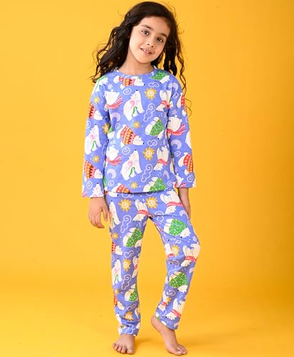 Image of ANTHRILO Summer Pyjama Set for Girls | 100% Cotton, Skin Friendly Fabric | Pyjama Set for Girls | Casual Wear | Polar Bear Girls Long Sleeve Pyjama Set - Blue 10-12 Years