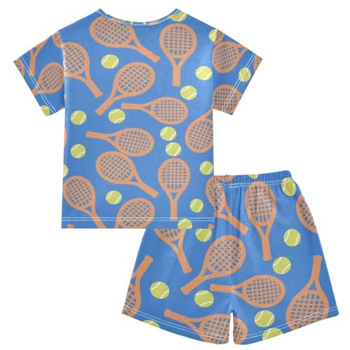 ALAZA Tennis Ball Blue Pajamas Set Short Sleeve Cotton Sleepwear Summer Pjs 2 Piece 5-14Y2