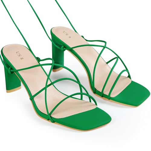 Perphy Women's Chunky Heel Wrap Up Strappy Heel Sandals with Square Toe3