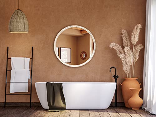 Rustic Farmhouse Circle Wall Mirror - 30 Inch Round Wooden And Beaded Framed Large Mirror For Entryways, Washrooms, Bathrooms, Living Dining Rooms - Antique Modern Circular Wall Decor - Whitewash #TOP6