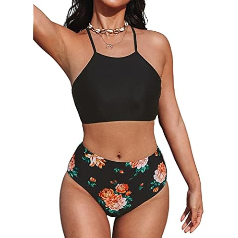 SEASELFIE Women's Two Piece High Neck Bikinis Swimsuits Modest Crop Top Bathing Suits for Teens, Black, Medium Cover
