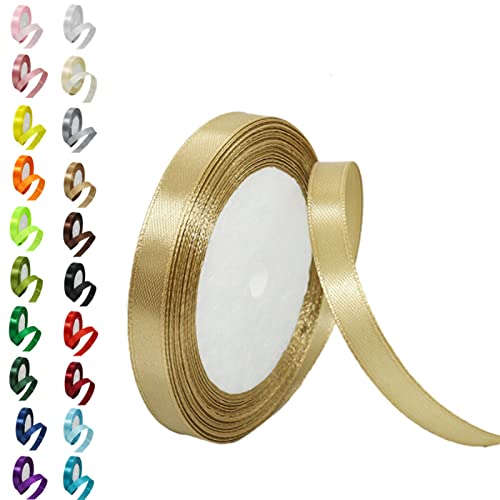 10mm Champagne Gold Ribbon for Gift Crafting 22M Gold Polyester Double Sided Satin Ribbon for Gift Wrapping Bouquet & Decor