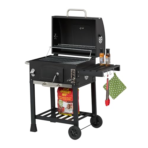 Relaxdays Holzkohlegrill Grillwagen mit Deckel carbón Vegetal, con Tapa, Parrilla con Ruedas, Altura Regulable, Barbacoa de jardín XXL, Negro/Plata, 90% Acero 10% plástico, 1 Unidad