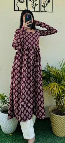 Image of Women's Cotton Nayra Cut Kurti for Women | Full Sleeves Printed Long Kurta | Stylish Flared Ethnic Wear Kurti, Casual & Festive Occasion