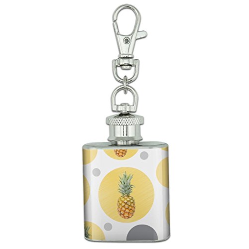 Stainless Steel 1oz Mini Flask Key Chain - Summer Party Celebration BBQ Pineapple on Yellow Background