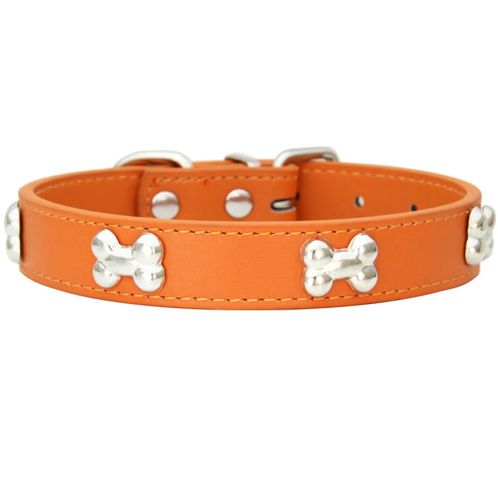 AYGCI Leather Dog Collar for Small Medium Large Dog Adjustable Soft Breathable Leather Metal Bone Studded Padded Puppy Collar Waterproof Dog Pet Collar L