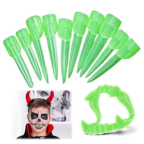 Quesuc 2 Set Dentaduras de vampiro e conjuntos de unhas, adequado para crianças, estável e inofensiva, dentes de vampiro dracula vampiro para engatar, Halloween e carnaval
