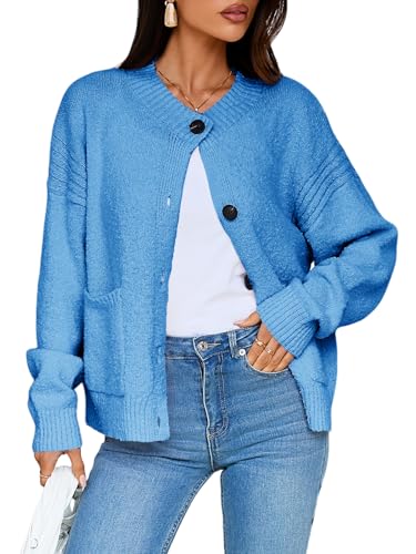 Saodimallsu Womens Button Up Cardigans Fall Crew Neck Fuzzy Knit Long Sleeve Cropped Sweater Jacket with Pockets Blue