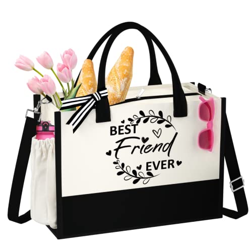 QLOVEA Initial Canvas Tote Bag - Reusable Grocery Bags, Birthday Gifts Basket for Bridemaids Friends Teachers, Tote Bag, Large, Best Friend Ever