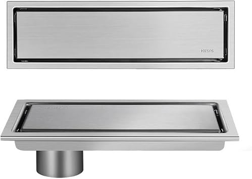 Linear Shower Floor Drain with Tile Insert Removable Cover Offset Outlet,Stainless Steel Matte Black Finish Brushed Nickel,12inch