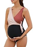 Summer Mae Maternity Swimsuit One Piece Tie Front Bathing Suit V Neck Pregnancy Swimwear High Cut, Pink Black, Large