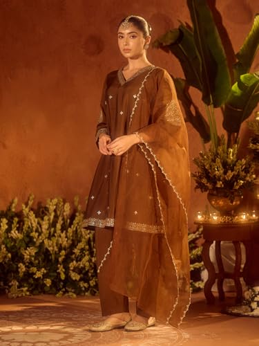 Image of FIORRA Women's Brown Viscose Chanderi Embroidered & Gota Patti Work Ethnic A-Line Kurta Set with Dupatta