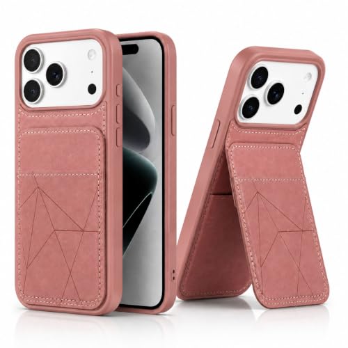 Image of amazon basics Premium Vegan Leather Back Cover with Card Holder and Integrated Mobile Stand for iPhone 17 Pro Max - Slim Shockproof Wallet Case with Geometric Stitching [Pink]