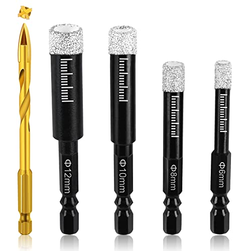 flintronic Fliesenbohrer Set, 6 8 10 12 Diamantbohrer & 6mm Anbohrer, Diamant Bohrer Set, Fliesen Bohrer, Glasbohrer Set, Fliesen Bohrer mit Sechskantschaft, Feinsteinzeug Bohrer zum Bohren Keramik